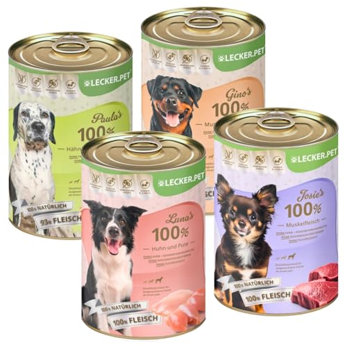 Lecker.Pet® | 24 x 400 g Lecker.Pet® Gino's, Josie's, Luna's & Paula's 100% Fleisch & Gemüse Hundefutter Nassfutter Mix - je Sorte 6 Dosen | Natürlich & ohne Zusatzstoffe | Reich an Proteinen
