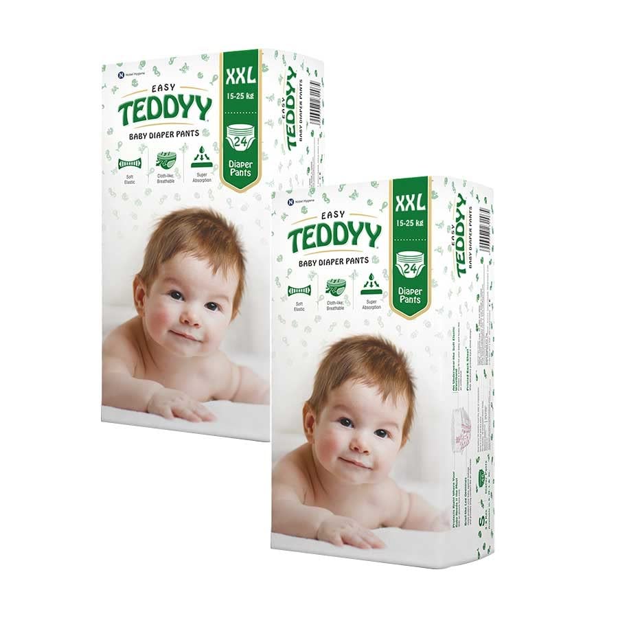 Image of TEDDYY Easy Baby XXL Size Diaper Pant Style | 48 Count (Double Extra Large) |15-25 kgs (Pack of 2) | Long Protection Hours | Anti-Bacterial | Airy Breathable Fit| Rapid Soaker Channels with Wetness Indicator