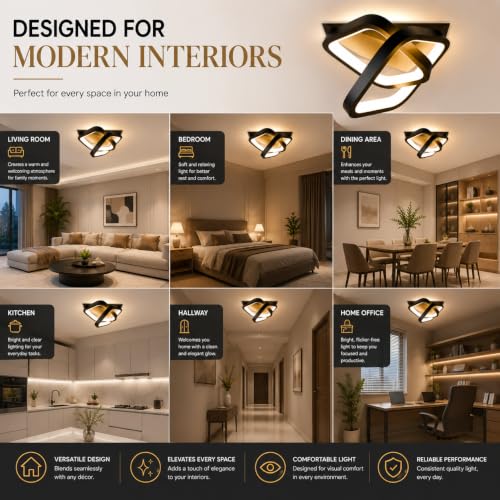 Image of 50W LED Ceiling Light, Square Chandelier Ceiling Lamp, 3 Color Modes Warm /Natural /Cool White, CRI 97 Anti-Glare Eye Protection Light for Bedroom, Living Room, Hall, Dining Room, Office, Black