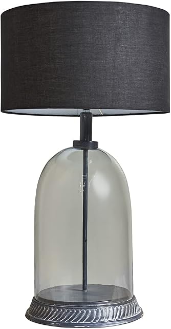 MiniSun Large Vintage Distressed Grey & Clear Glass Dome Table Lamp with a Black Cylinder Shade - Complete with 6w LED GLS Light Bulbs [3000K Warm White]
