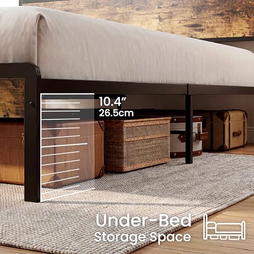 Image of LIKIMIO Queen Bed Frame with 2-Tier Storage Shelf Headboard | Dark Wood Platform Bed, Camas Queen with Strong Metal Supports, Sturdy, Noise-Free, No Box Spring Needed, Brown