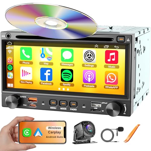 Double Din car Radio with CD/DVD Player, Wireless CarPlay & Android Auto Stereo, Car Audio with Bluetooth AM/FM Radio Receiver, 7 Inch HD Touch Screen, USB/TF/AUX/Subwoofer/SWC, Backup Camera