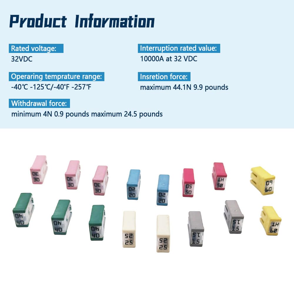 32V Mini Slotted MCASE Fuse Kit 16PCS 15A-60A Automotive Blade Fuses | 32V Mini Slotted MCASE Cartridge Fuse Kit 16 PCS Automotive Blade Fuses for Car Truck, Boat, RV Electrical Systems