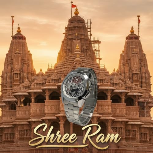 Image of Shree Ram Skeleton Watch, Ayodhya Mandir Theme, Mechanical Look Quartz, Stainless Steel Metal Bracelet, Round Dial with Deity Engraving for Man and Boyes