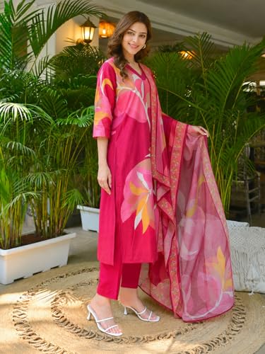 Image of ANNI Designer Cotton Blend Printed Straight Kurta with Pant and Dupatta for Women | Cotton Blend Pink | 3 /4 Sleeve | V-Neck | Ethnic Wear Casual Wear