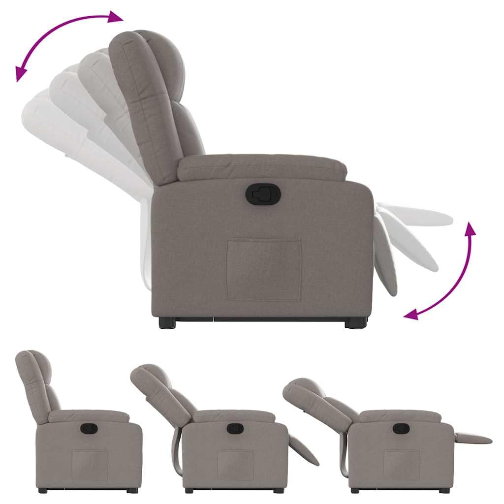 Fotel relaksacyjny z funkcją wspomagania wstawania, materiał taupe, elektrycznie regulowany, tapicerowany, z podłokietnikami i funkcją leżenia, ergonomiczny, do salonu, biura, czytania i
