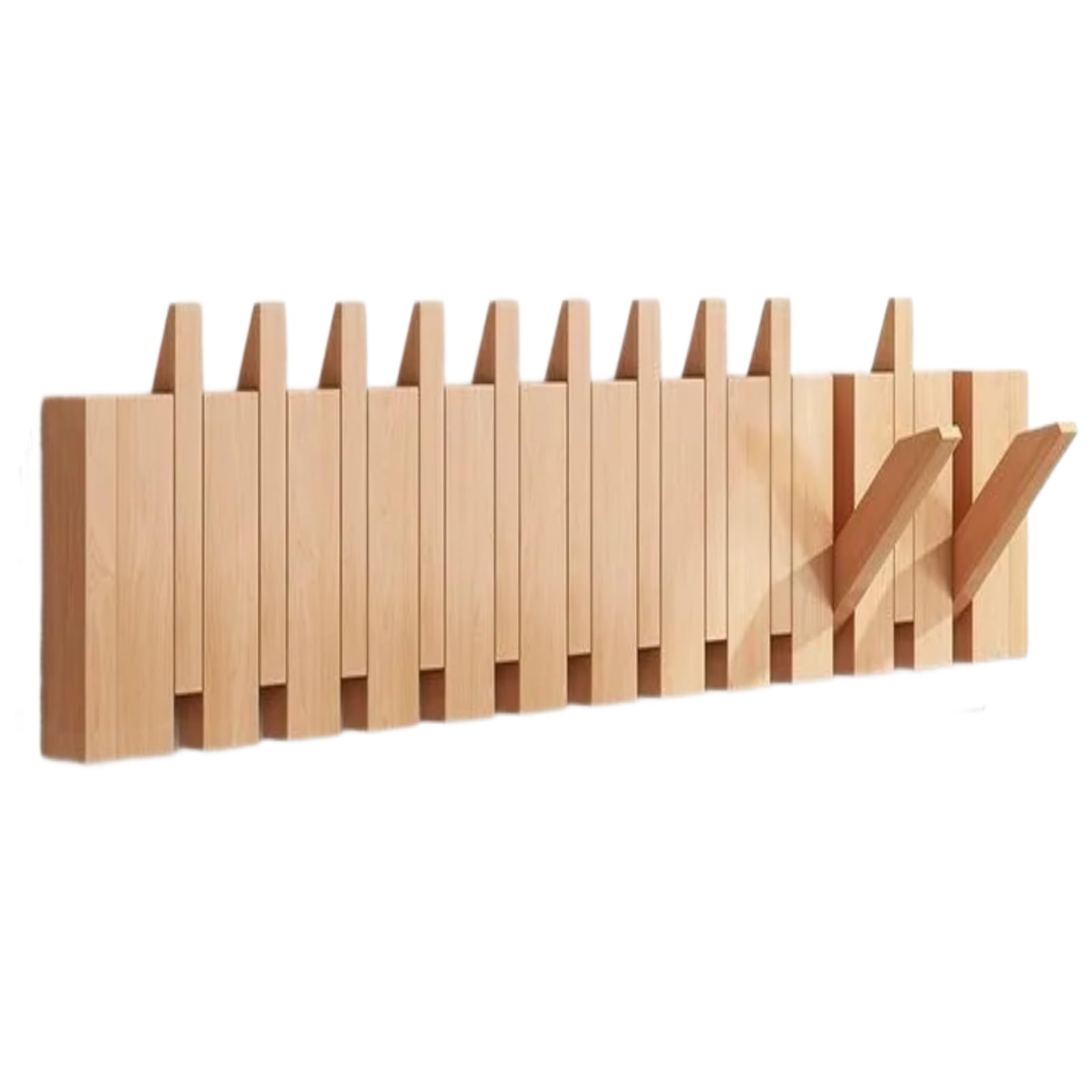 NEPHRA Perchero de Pared de Madera Plegable con Ganchos Abatibles Estilo Tecla de Piano, Perchero Pared de Haya, Organizador para Ropa, Llaves, Sombreros, Toallas, Bolsos(Raw wood,12 hooks)