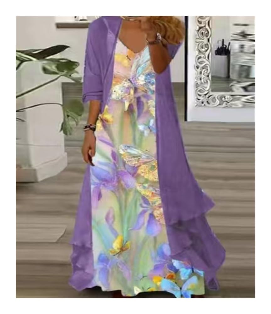 Vestido Mujer Dos Piezas Boho Floral Vestido Largo De Gasa con Cárdigan Talla Grande Elegante para Invitadas De Boda Y Uso Casual Q