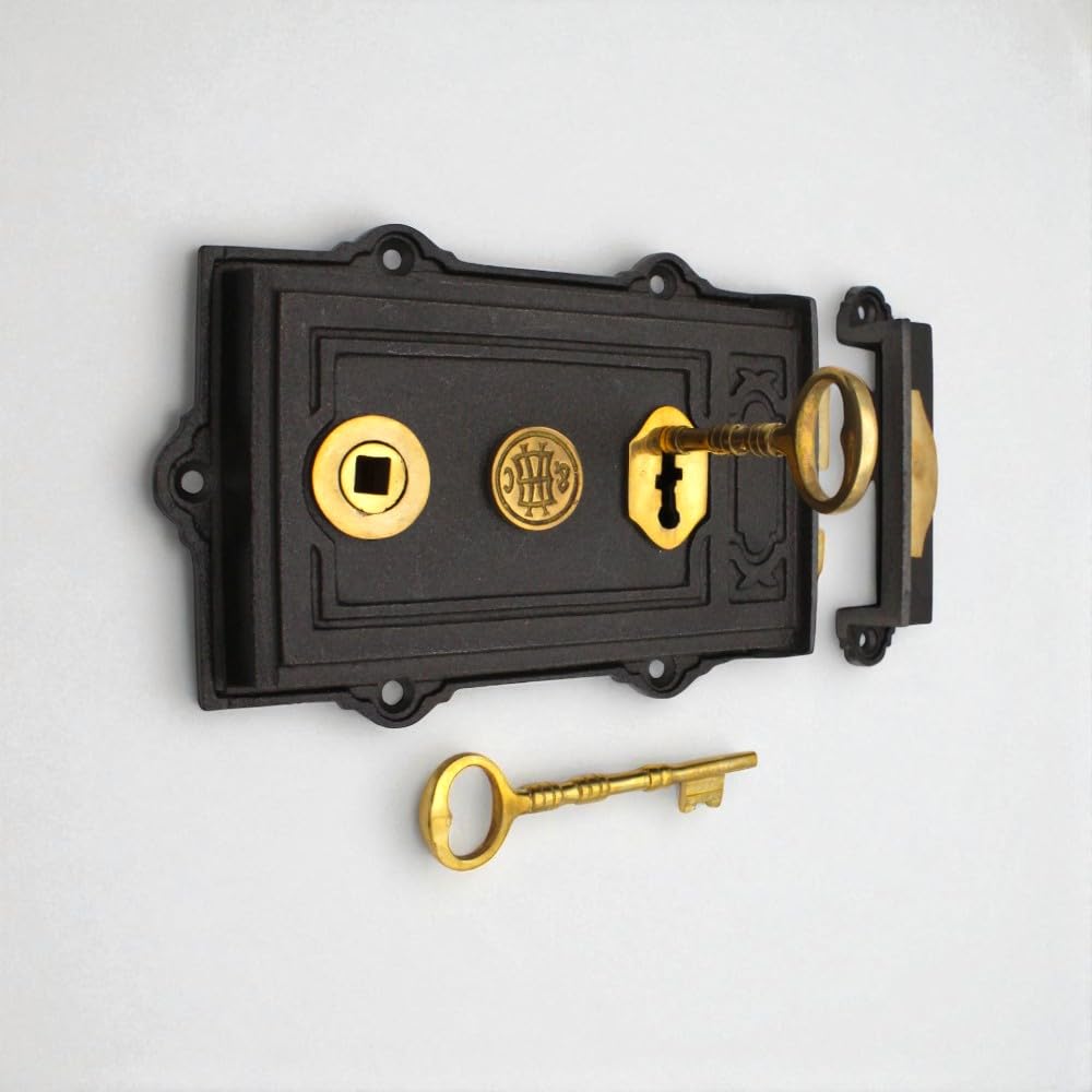 Cast Iron Davenport Rim Door Lock – Traditional Victorian Style Surface Mounted Door Lock with Keys – Durable Black Iron Finish for Interior & Exterior Doors - AB Hardware