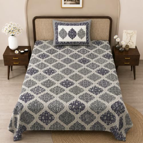 Image of Pure Cotton Single Bedsheet with 1 Pillow Cover, 220 TC Premium Jaipuri Bedsheet for Single Bed | 60x90 Inch - Multicolor Floral Print (Multi 15)