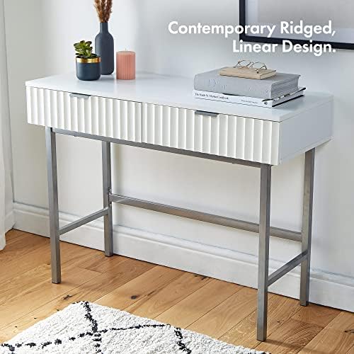 VonHaus White Console Table with Storage - Modern 2 Drawer Console Table for Living Room & Lounge - Minimalist Hallway Table w/Ridged Design & Silver Metal Legs - Roma