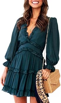 Dokotoo Womens 2023 Spring Summer Deep V Neck Ruffle Long Sleeve Floral Print Mini Dress