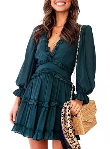 Dokotoo Women Dresses Cute Spring Summer Casual Sexy Deep V Neck Ruffle Chiffon Lantern Long Sleeve Elegant Boho Hawaiian Flowy Mini Short Skirt Dresses For Women Party 2023 Green X-Large #TOP4