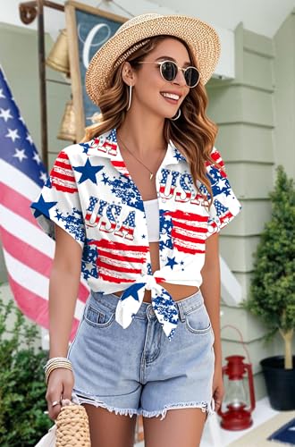 Image of Ithalt 4th of July Hawaiian Shirts Women American Flag Patriotic Short Sleeve Button Down Outfits Summer Vacation Tops