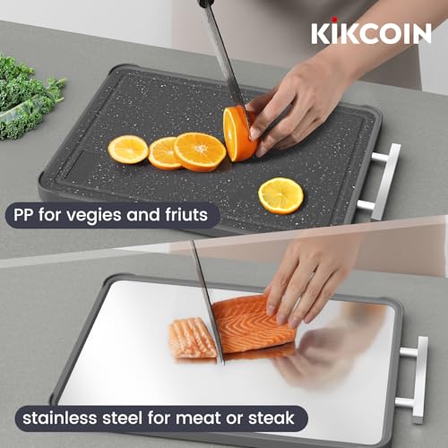 Kikcoin Double Sided Stainless Steel Cutting Boards for Kitchen, Stainless Steel and Wheat Straw PP Large Chopping Board, Black