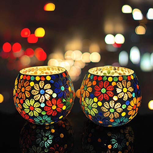 Valentine's Day Gift Of Love Candle Holder Tea Light Candle Holder/Votive Lighting/Wedding Parties Home Decorations Mosaic Glass Candle Holder Set Of 2 (4X4.5 Inch) #TOP4