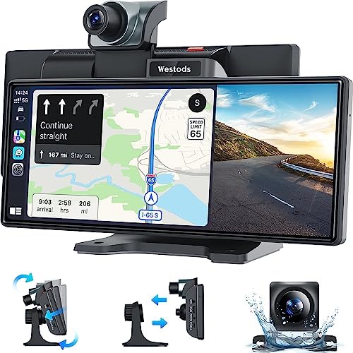 Westods Portable 10.26" Wireless Carplay Screen & Android Auto with Adjustable & Detachable Mount, 2.5K Dash Cam & 1080P Backup Camera, HD IPS Touchscreen, GPS Navigation, Bluetooth, Car Stereo, Radio