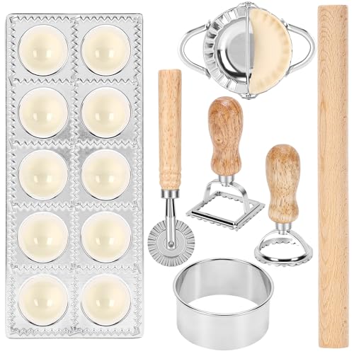 MEKOTRIN Ravioli Cutters Ravioli Mould Set 7 PCS Pasta Making Tools Include Alloy Ravioli Press Stamp Cutter Rolling Pin Dumpling Skin Print Kitchen Tools Pasta Maker Kit Makes 10 Raviolis at a Time