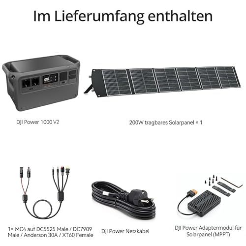 DJI Power 1000 V2 Tragbare Powerstation 1024Wh, mit 1 x 200 W faltbarem Solarpanel, 1× MC4 auf DC5525 Male / DC7909 Male/Anderson 30A / XT60 Female, 1x MPPT, Off-grid für Camping & Wohnmobile.