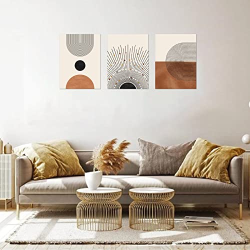 Minimalist Boho Wall Art Set Of 3, Mid-Century Modern Wall Art Decor, Neutral Geometric Line Sun Canvas Prints Artwork, Framed Abstract Boho Wall Art Decor For Bathroom, Bedroom, Living Room, Office #TOP1