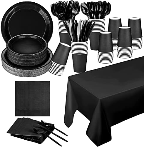 TWOWYHI 229PCS Black Party Supplies Set Paper Disposable Plates Cups Plastic Spoons Forks Knives Black Napkins Severs 30Disposable Party Dinnerware for Wedding Birthday Parities with 1PC Table Cover