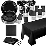 TWOWYHI 229PCS Black Party Supplies Set Paper Disposable Plates Cups Plastic Spoons Forks Knives Black Napkins for 30 Guests Disposable Party Dinnerware Sets for Wedding Birthday Parties