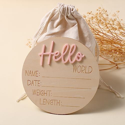 Image of Ylsteed Baby Announcement Signs Baby Milestone Cards Wooden Newborn Photography Props Newborn Baby Birth Announcement Sign Hello World Newborn Sign Baby Shower for Boys and Girls 6 Inch-Pink