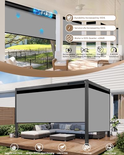 Image of Kincmo Motorized Outdoor Shades for Patio Porch, Custom Outdoor Motorized Blinds with Remote, Waterproof & Windproof Patio Shades Work with Apple Home,Alexa,Google (Grey-0% Openness)