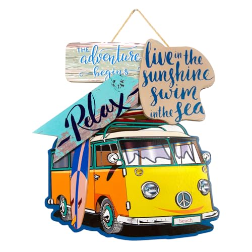 Adorno Decorativo de Madera Furgoneta con Tabla Surf-Aventura. Cuadros y Apliques. Decoración Hogar. Verano. Regalos Originales. 38 x 2 x 41 cm