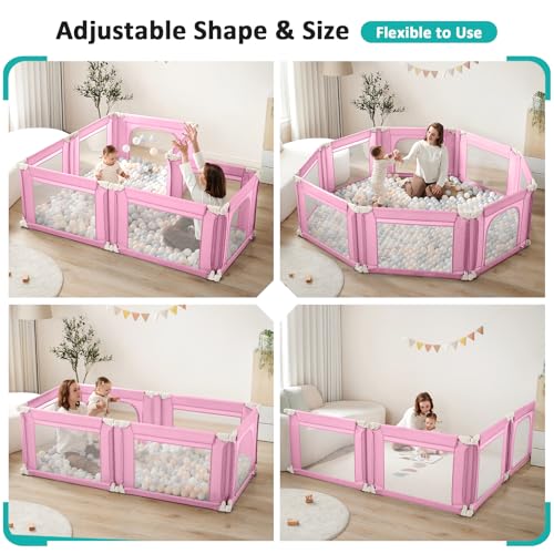 Image of Doradotey Adjustable Baby Playpen with Adult Door, Foldable Large Playpen for Babies and Toddlers, Breathable Mesh Indoor Baby Playard, Safe Fence, 79 x 71 Inch, Pink