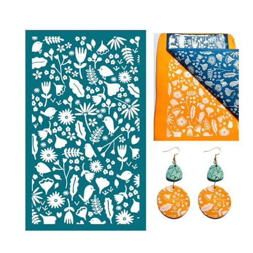 MANGOUSONG Screen Printing Kit,9x15cm Rose Love Flower Self-Adhesive Silk Screen Stencils for Polymer Clay Palm Leaves Reusable Mesh Transfer Printing Earring Jewelry Making Style 6