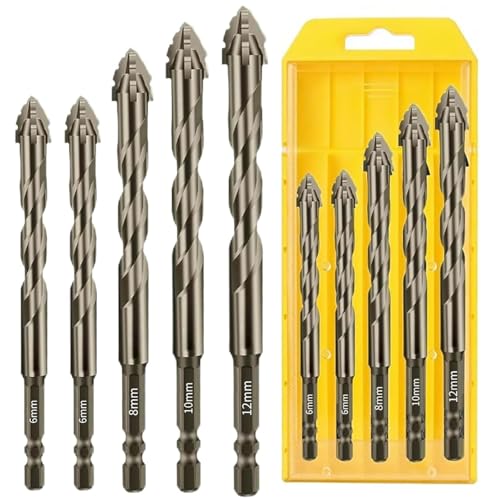 5 Piece 4 Tooth Drill Bit High Strength Eccentric Drill Bit Set for Concrete/Glass/Cast Iron/Tile/Wood. Hexagonal Shank Drills, Short bits, Reduced Vibration, Dry Drills, Sizes: 6+6+8+10+12 mm