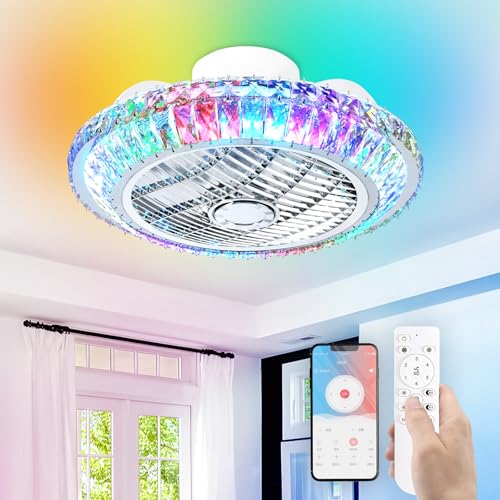 RRBEST Ventilador de Techo Con Luz, Moderno Lampara Ventilador Techo RGB, 6 Velocidades Lámpara de Cristal con Mando a Distancia APP