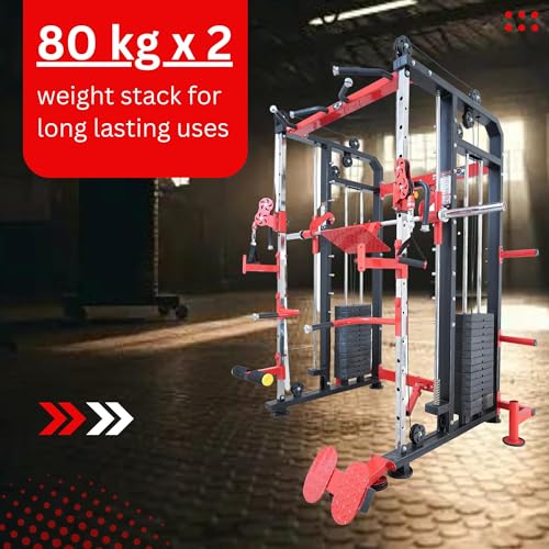 Image of GYM24 EQUIPMENTS Sonata Functional Trainer with Smith Machine & Power Cage | Dual 80 kg PVC Weight Stack 160 kg Total | Multi Gym with Bench Pull Up Bar Dip Bars Leg Press Landmine | Red Black