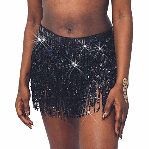 Women Belly Dance Sparkle Cowgirl Metallic Glitter Skirt Sequin Fringe Skirts Hip Scarf Skirt Fashion Party Skirt Costume Black #TOP1