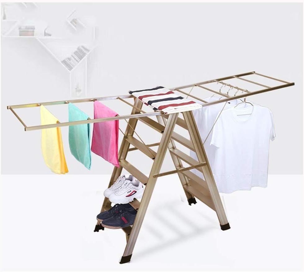 LhhClothes Airer Drying Rack Extra Large 2 Tier Clothes Drying Rails Folds Flat For Easy Storage (Color : Gold, Size : 6steps)