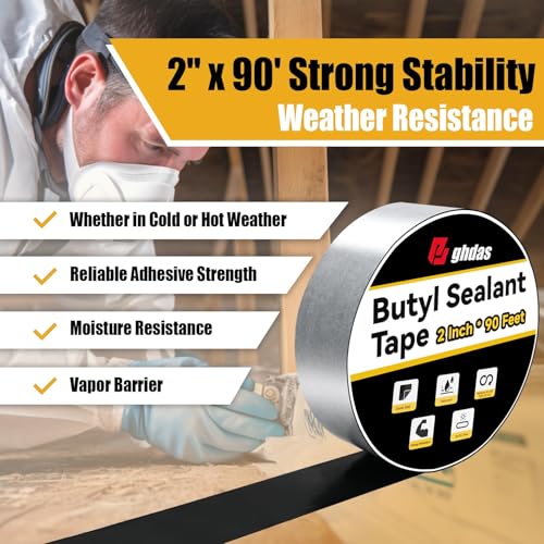 Image of Bghdas - 1 Pack Butyl Sealant Tape 2 inch X 90' - Double Sided - Black Vapor Barrier Butyl Tape for Wall of Crawl Space, Rv Windows, Deck Boat, Crawlspace (Waterproof, Weatherproof)