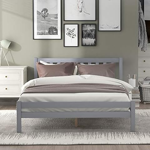 HOOSENG Double Bed Frame, Wooden Double Bed Frame with Headboard and Footboard, Modern Style Bedroom Furniture for Adults Kids Teenagers Grey ( 196*140*77CM ) Cover