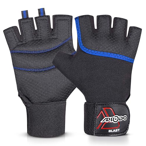 APRODO Sports Weight Lifting Workout Gym Gloves for Men with Wrist Support, Unisex, Free Size (Blue Black)