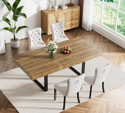 Image of Brown Dining Room Table Set for 4, 5-Piece 63 inch-78.74 inch Extendable Dining Table Set with 4 Upholstered Chairs, Rectangle Wooden Expanding Kitchen Table and Beige Chairs Set