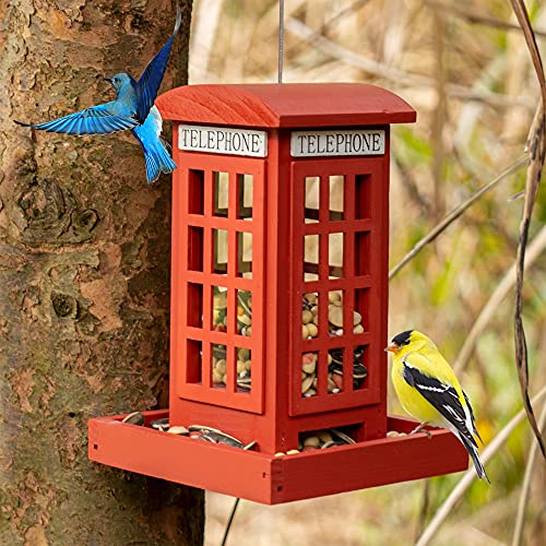 Nerosun Wooden Hanging Wild Bird Feeders For Outside, Red British Phone Booth Bird Feeder For Yard, Garden And Lawn Decorations #TOP5