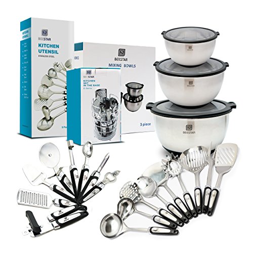 Stainless Steel Kitchen Utensil Set - 9 Piece Best Kitchen Gadgets Tool Gift - Cooking Utensils Cookware Set With Spatula By Beestar #TOP6