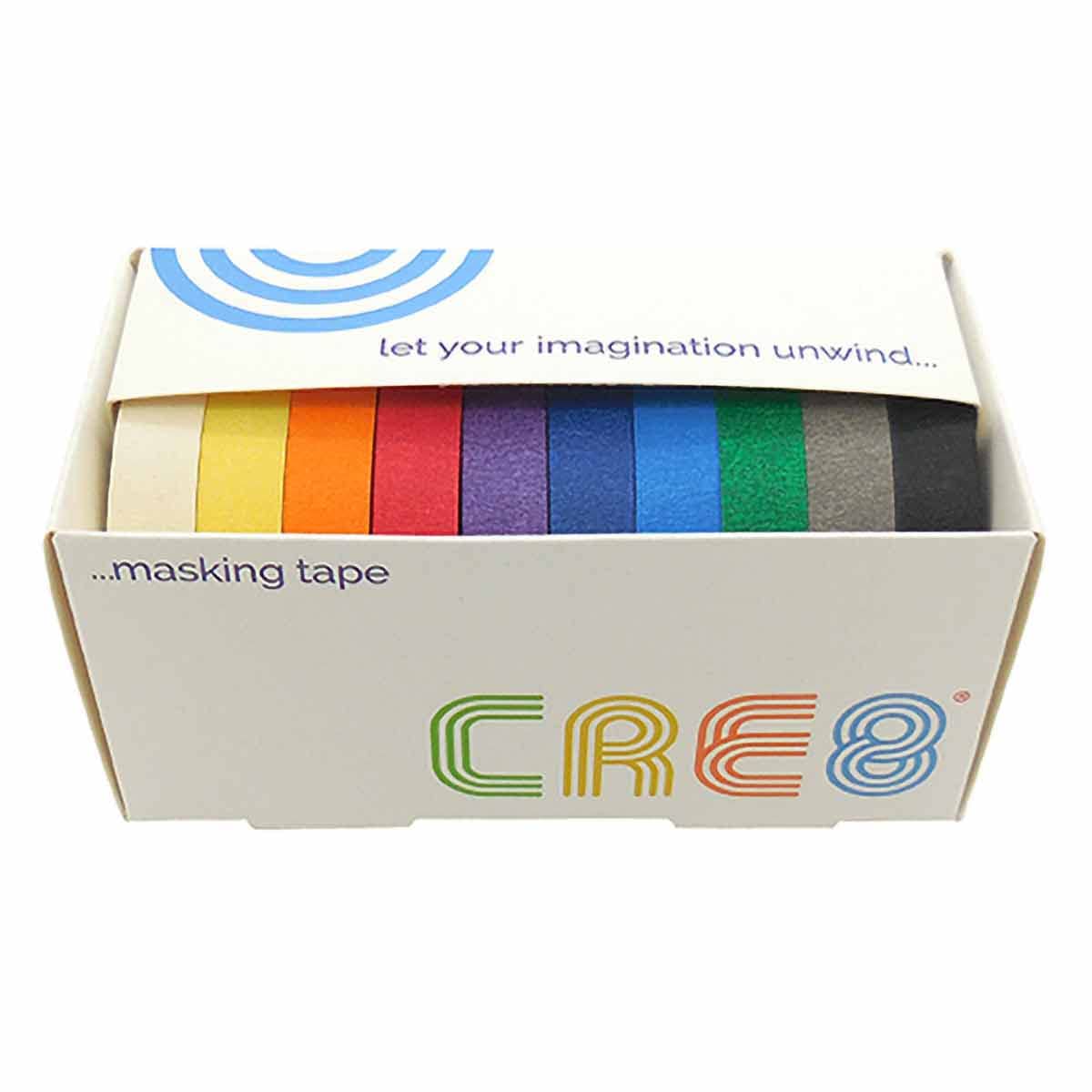 Cre8 Solid Colour Masking Tape - 10 Coloured Masking Tapes in a Box - 3 Sizes (12mm X 8M)