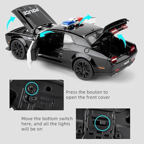 Image of DEOXY Dodge Challenger SRT-Police | 1:24 Scale | Die-Cast Model Metal Pull Back Toy Car For Kids With Openable Doors & Light, Music Toy Vehicle For Kids, Black