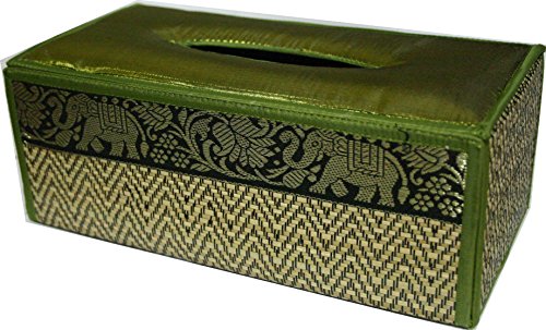 TOPMOST N-9007, Handmade Thai Woven Straw Reed Rectangular Tissue Box Cover with Silk Elephant Design 5x3.7x10.2 Inch