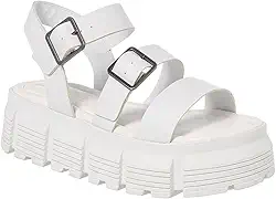 Sandália Feminina Plataforma Tratorada, Tiras com Fivelas, Disponível em Preto Branco e Nude