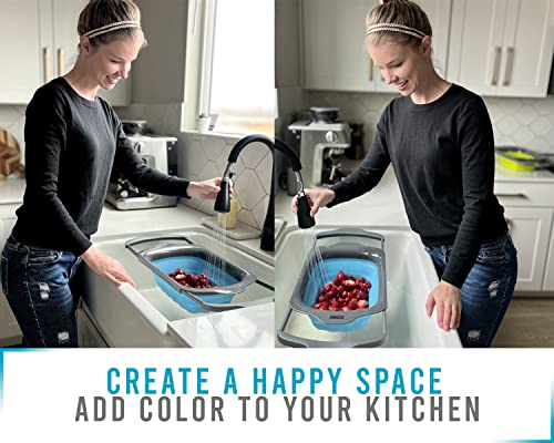 Collapsible Over The Sink Colander With Handles For Your Vegetables, Pasta, Leaves And More - Folding Kitchen Strainer 6-Quart Capacity By Comfify - Blue/Teal #TOP1