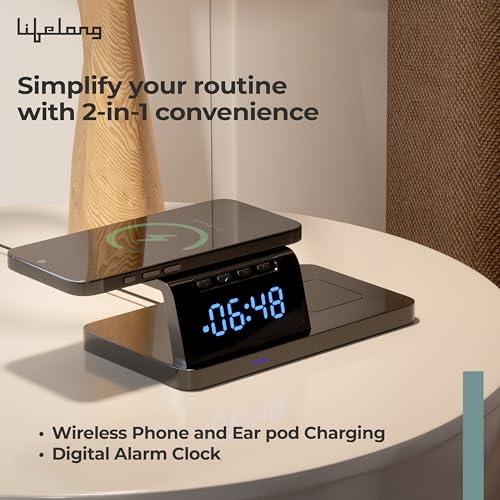 Image of Lifelong 10W Fast Wireless Charger with LED Digital Clock | 2-in-1 Charging Dock & Alarm Clock for All Qi-Compatible Smartphones | Case-Friendly Wireless Charging Pad with Sleek Compact Design