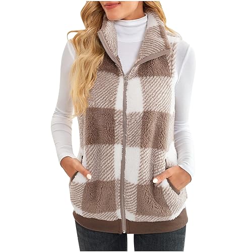 TANGNADE Fleece Vest Women Trendy Fashion Warm Fuzzy Sleeveless Zip Up Sherpa Plaid Jackets Fall Winter Casual Outerwear