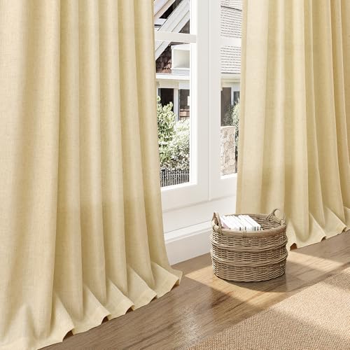 Image of Nanspring Linen Curtains 84 Inches Long for Living Room Semi Sheer Light Filtering Curtain Back Tab Boho Neutral Modern Farmhouse Window Drapes for Bedroom Cream Yellow 52x84 2 Panels